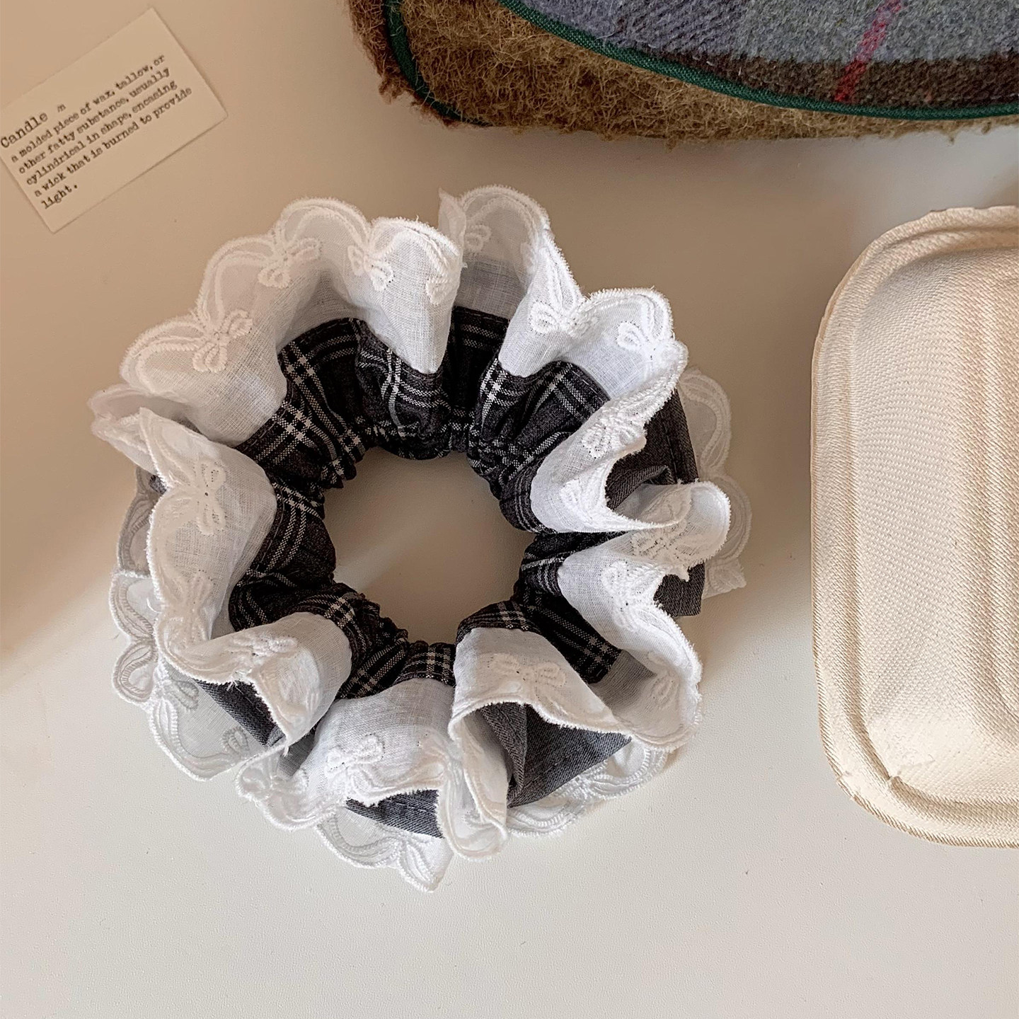 学院风灰色格子蕾丝双层大肠发圈女韩系复古头绳发饰扎头发丸子头,饰品/流行首饰/时尚饰品新,发饰,淘宝优惠券,粉丝福利购,淘宝优惠卷