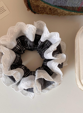 学院风灰色格子蕾丝双层大肠发圈女韩系复古头绳发饰扎头发丸子头