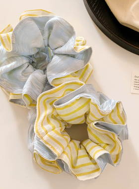 高级感黄色条纹双层大肠发圈女韩系温柔头饰扎头发丸子头大号发绳