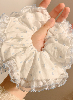 韩系蓝色波点蕾丝大肠发圈女高级感扎头发头绳超大号丸子头发饰