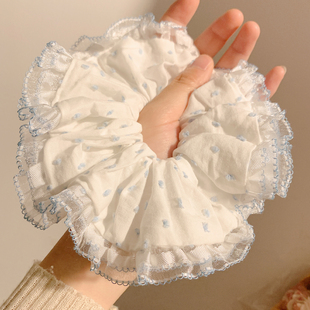 韩系蓝色波点蕾丝大肠发圈女高级感扎头发头绳超大号丸子头发饰