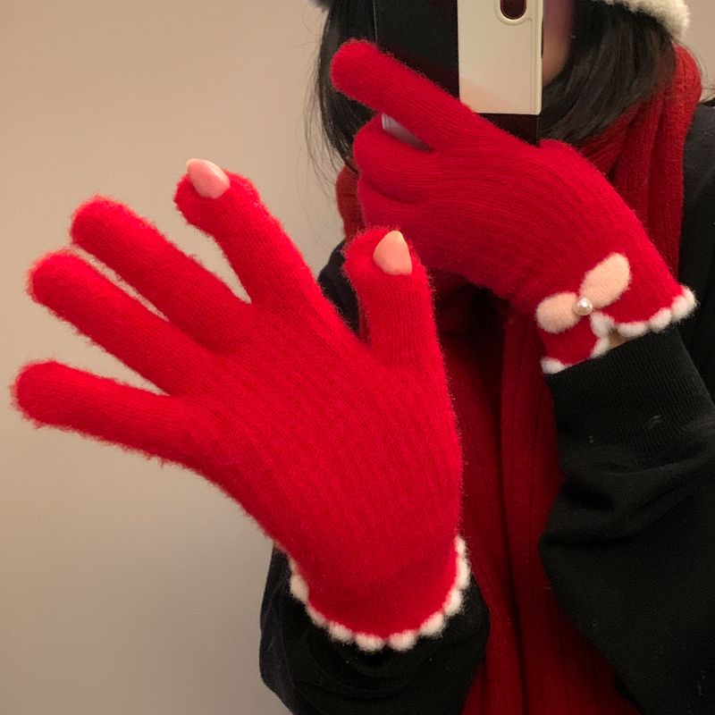 圣诞节红色蝴蝶结针织毛线手套女冬季加绒可触屏骑行保暖防寒新年