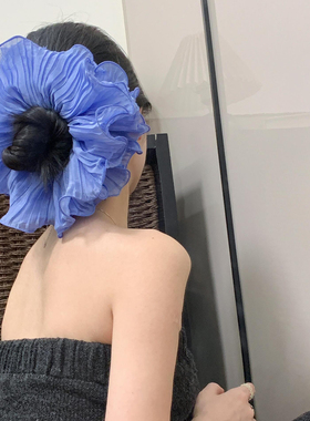 韩系高级感蓝色网纱大肠发圈女慵懒风百搭头花超大丸子头发饰头绳