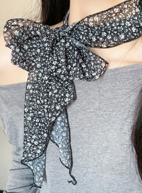 复古黑色小碎花长条丝巾女春季韩系百搭高级感系脖围巾森系配饰