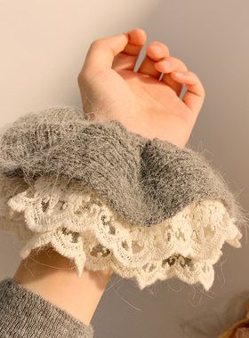 灰色水貂毛针织蕾丝大肠发圈女高级感扎头发丸子头超大头绳发饰