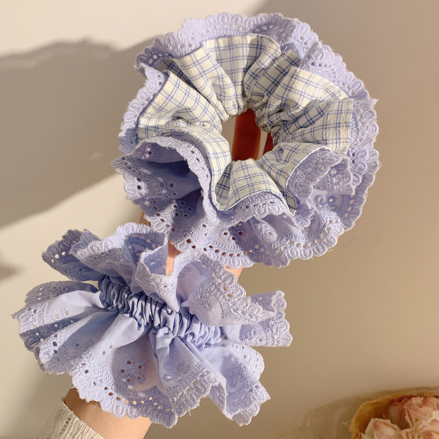 蓝色格子蕾丝大肠发圈女高级感韩系气质复古头绳发饰扎头发丸子头,饰品/流行首饰/时尚饰品新,发饰,淘宝优惠券,粉丝福利购,淘宝优惠卷