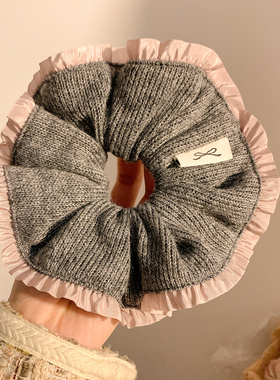复古灰色毛线针织大肠发圈女慵懒风百搭扎头发头饰秋冬发绳超大