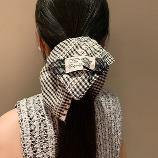 韩系黑白格子复古方巾大肠发圈女高级感低马尾方形超大发饰头绳