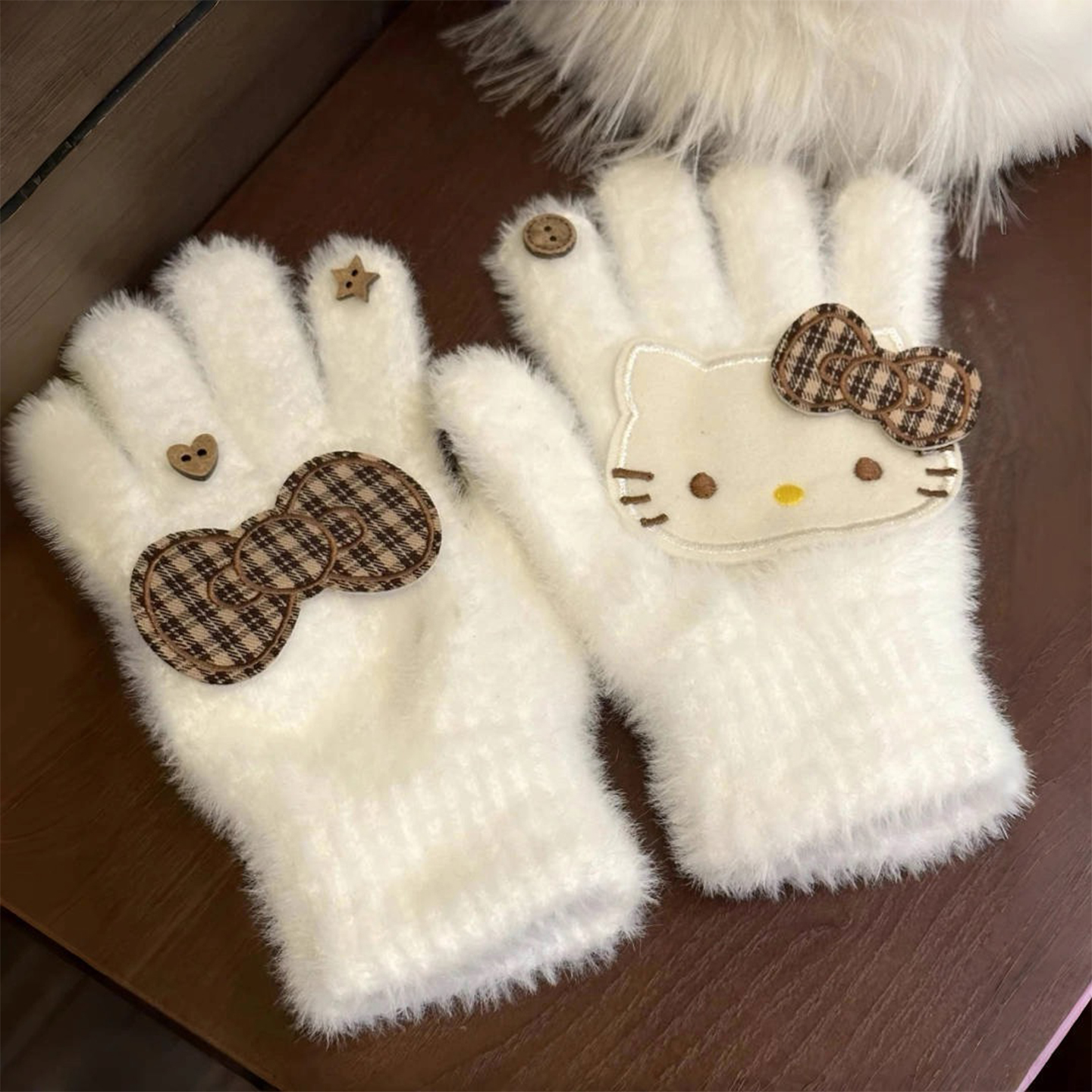 可爱格纹蝴蝶结Kitty猫保暖手套