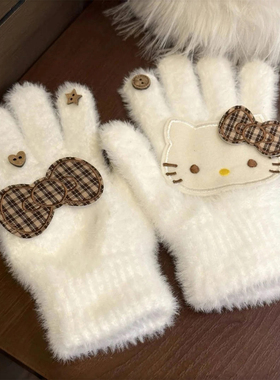 可爱格纹蝴蝶结Kitty猫保暖手套女冬季卡通毛绒五指防风骑行御寒