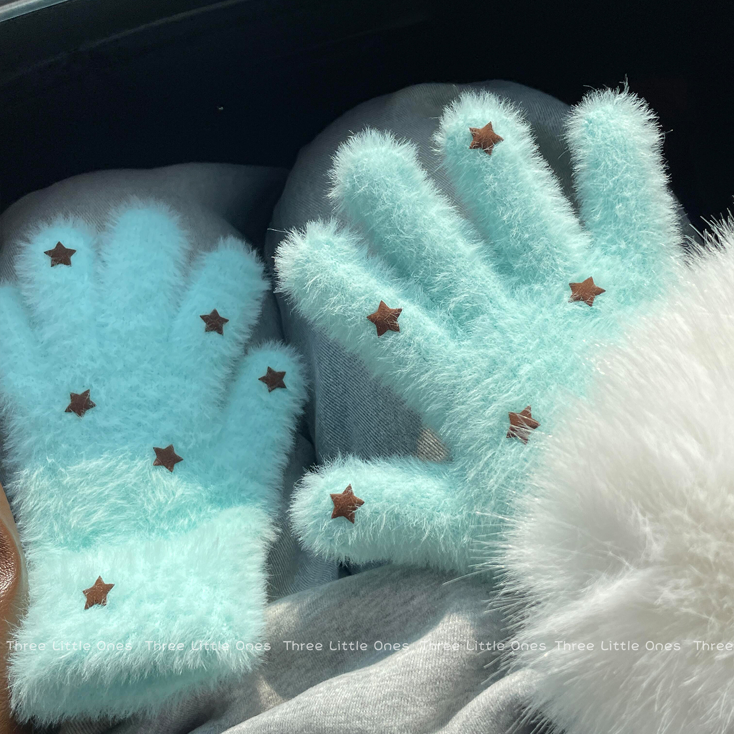 薄荷生巧~星星毛绒手套女冬季保暖加绒加厚学生可爱甜美骑行御寒