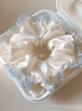 白色缎面蓝边大肠发圈女高级感丸子头超大扎头发头绳慵懒风发饰