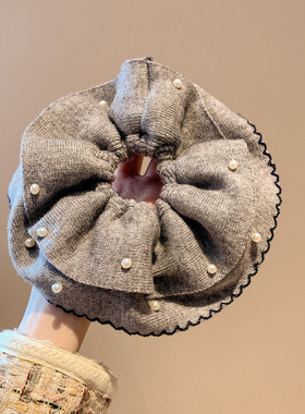 法式灰色珍珠毛线双层大肠发圈女气质温柔头饰发绳超大扎头发秋冬