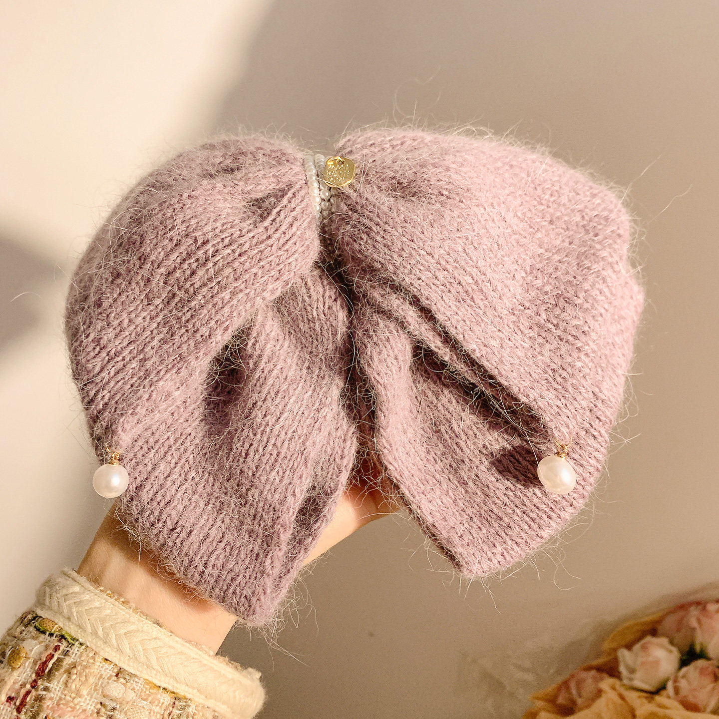 复古秋冬紫色毛线蝴蝶结马尾抓夹