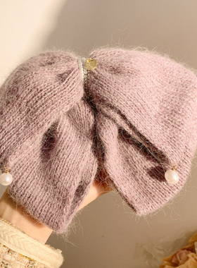 复古秋冬紫色毛线蝴蝶结马尾抓夹女高级感气质温柔发夹后脑勺头饰