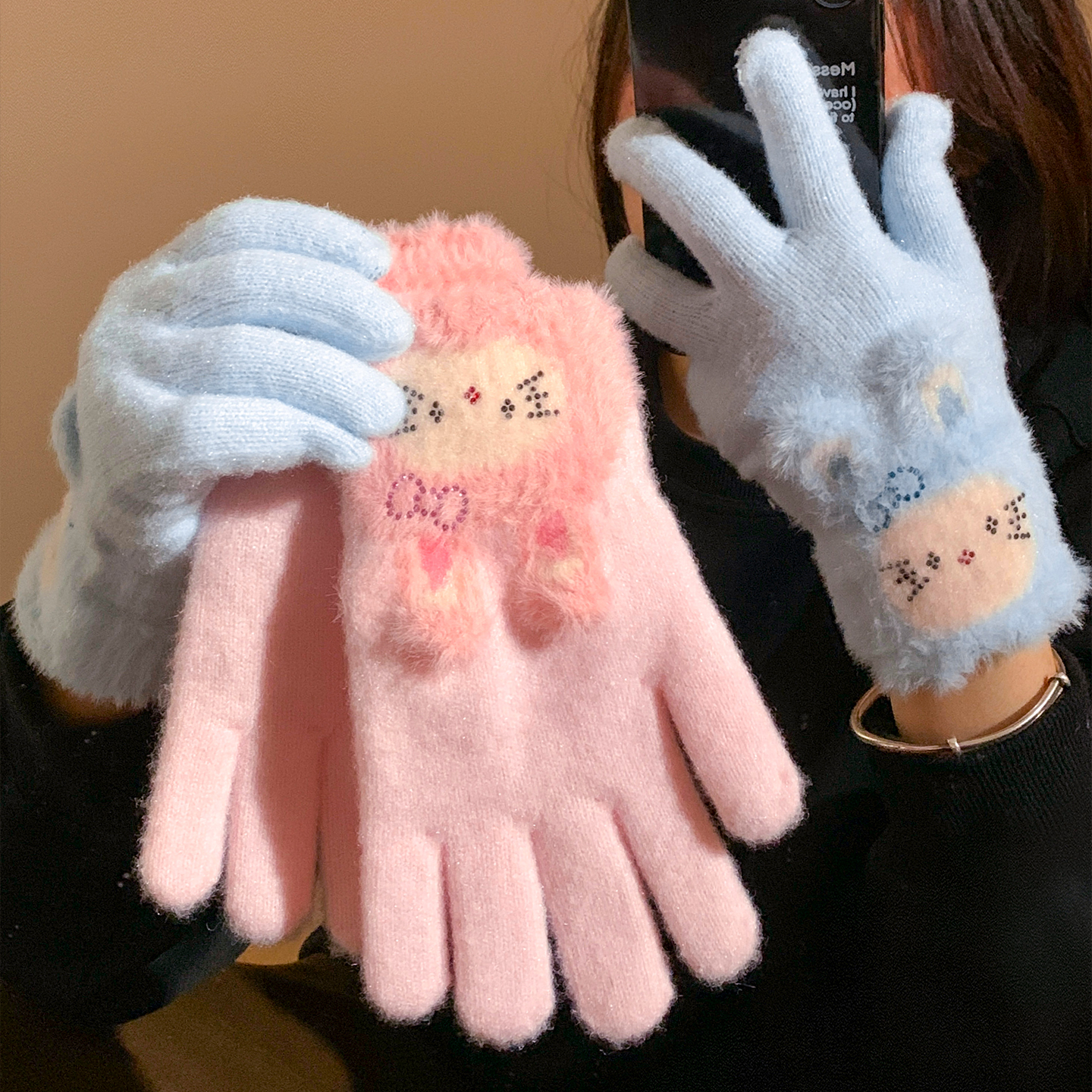 可爱粉色小兔子五指毛线手套女冬季保暖毛绒防风防寒卡通骑行学生