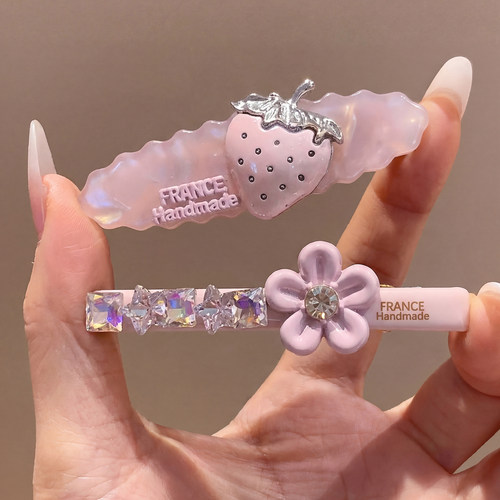 粉色草莓花朵发夹边夹侧边女韩系