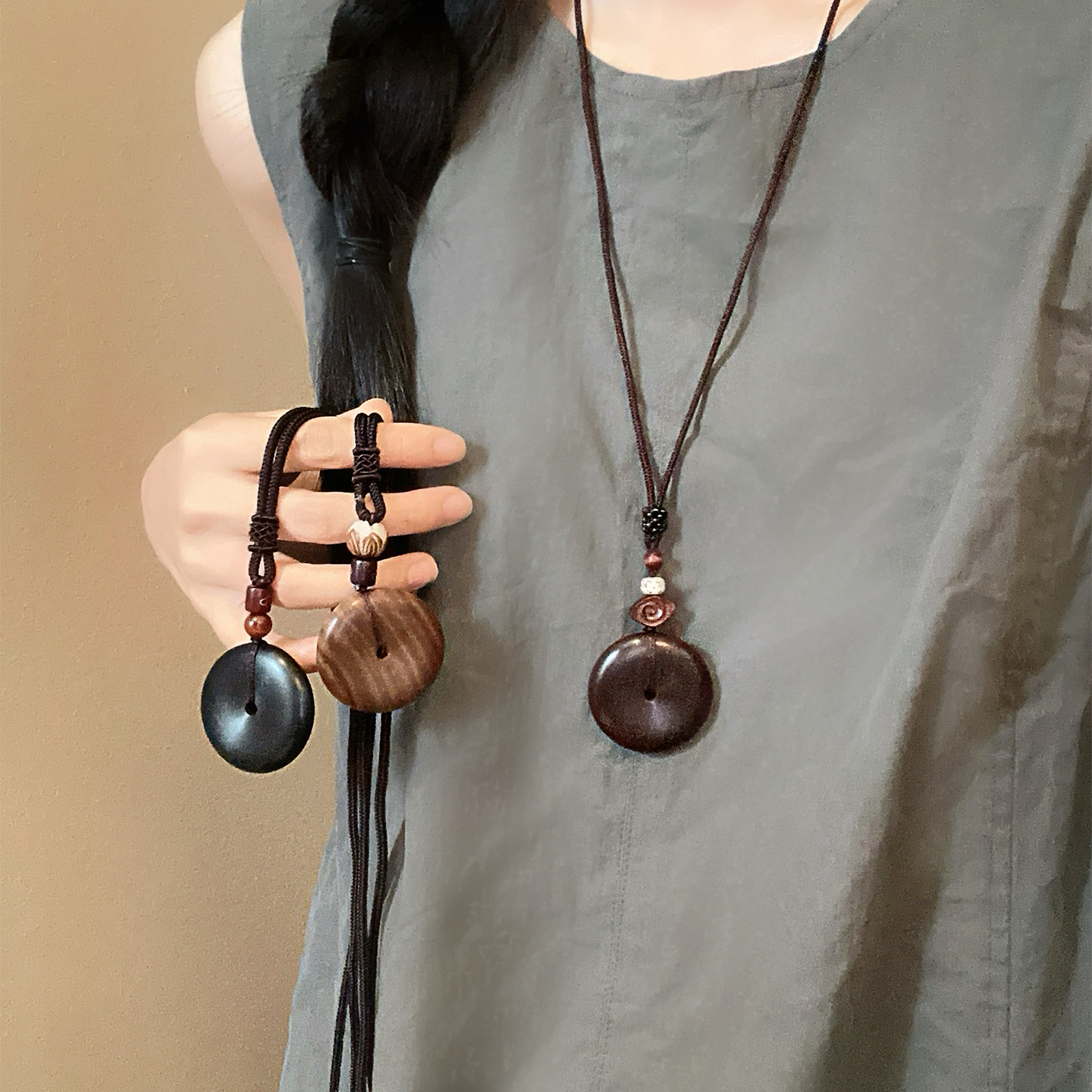 国风禅意檀木平安扣吊坠项链