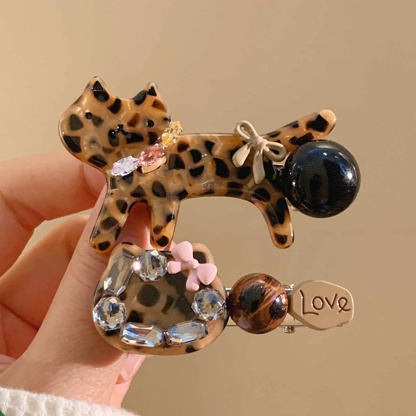 水钻豹纹猫咪刘海发夹女前额