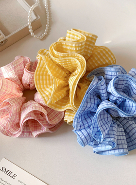 多巴胺蓝色格子大肠发圈女高级感百搭复古韩系头饰发绳扎头发超大