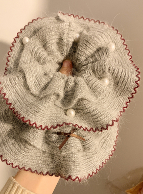 气质灰色兔毛珍珠针织大肠发圈女温柔复古百搭头绳发饰超大扎头发