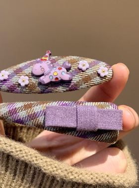 紫色小马花朵蝴蝶结格子发夹女可爱卡通头饰前额碎发刘海侧边夹