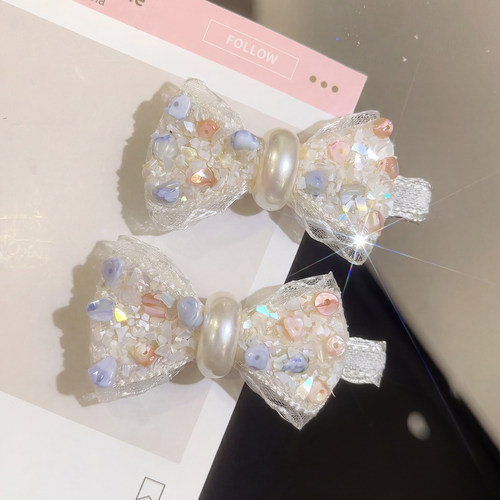 韩系白色彩石蝴蝶结珍珠发夹女