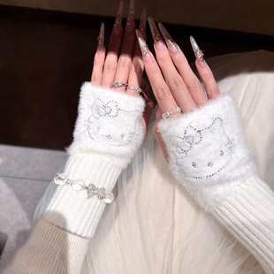 可爱Kitty猫白色针织毛绒半指手套女冬季保暖防寒学生写字可触屏