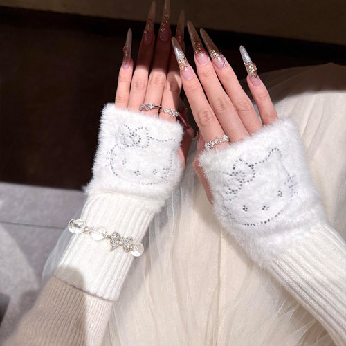 可爱Kitty白色针织毛绒半指手套