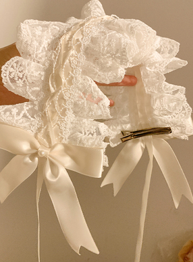 法式Lolita白色蝴蝶结蕾丝发带女高级感可爱女仆拍照头饰头箍cos