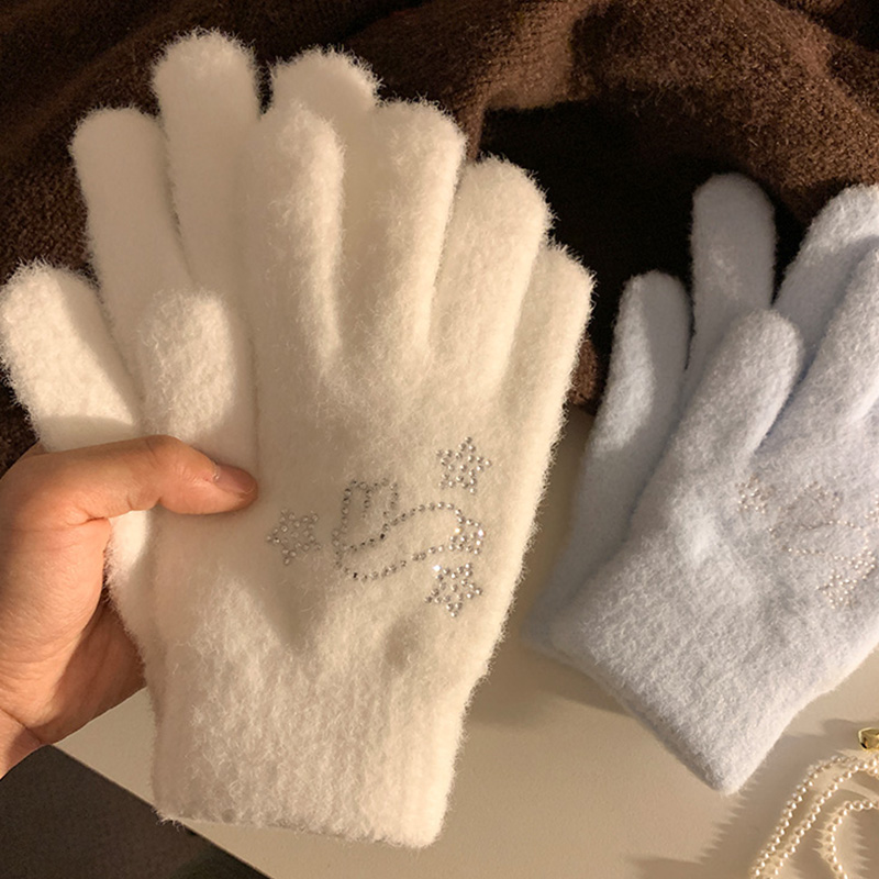 白色水钻兔子毛绒五指针织手套女冬季可爱保暖加厚学生骑行防寒潮