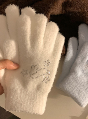白色水钻兔子毛绒五指针织手套女冬季可爱保暖加厚学生骑行防寒潮