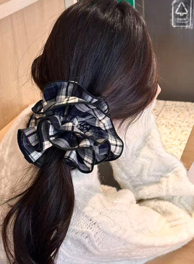 慵懒风黑色格子大肠发圈韩系女高级感低马尾秋冬丸子头发饰头绳