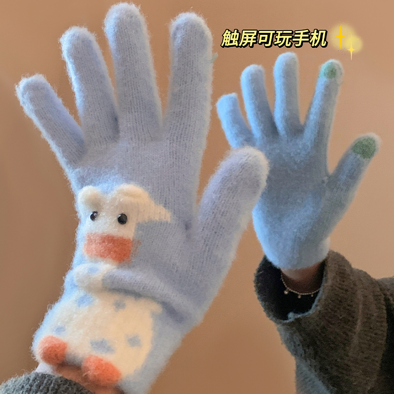 可爱蓝色小鹿毛绒针织分指手套女冬季毛线加厚防冻防寒保暖可触屏