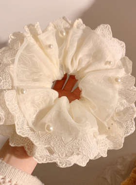 韩系超仙珍珠白色蕾丝大肠发圈女高级感丸子头超大丸子头发饰头绳