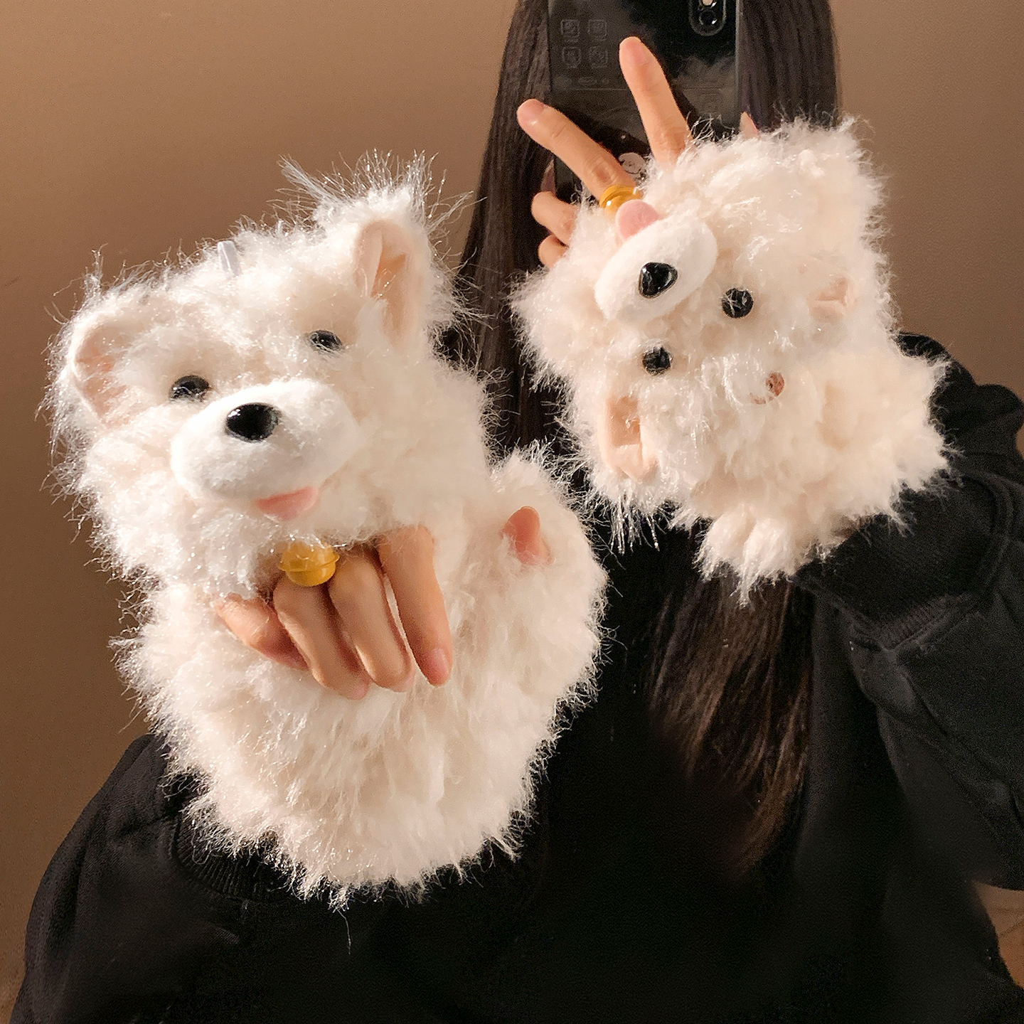 可爱白色铃铛小狗毛绒手套