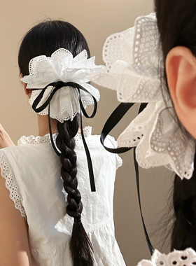 法式白色蕾丝蝴蝶结马尾抓夹发夹女高级感后脑勺盘发鲨鱼夹子头饰