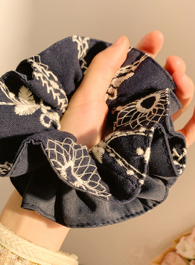 复古蓝色刺绣双层大肠发圈女高级感慵懒风头绳扎头发丸子头发饰