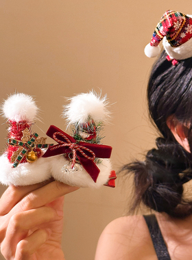 可爱红色蝴蝶结圣诞树帽子发夹女氛围感高级感夹子装扮道具头饰