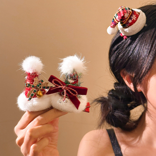 可爱红色蝴蝶结圣诞树帽子发夹女氛围感高级感夹子装扮道具头饰