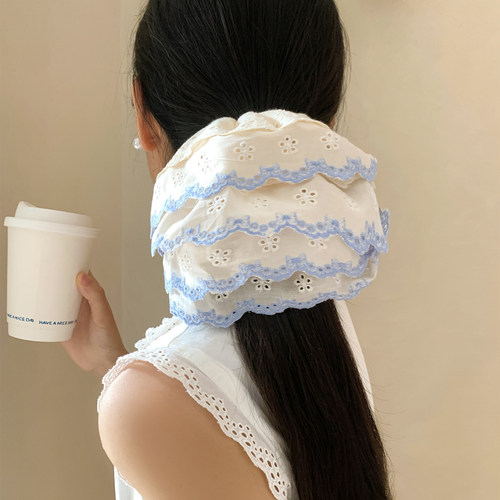 重工米色蕾丝大肠发圈女高级感