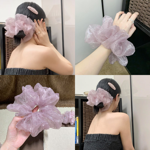 高级感绝美粉色网纱烫钻大肠发圈