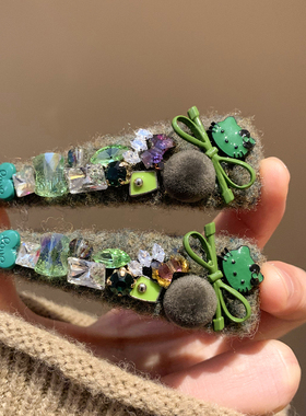 高级感复古绿色水钻Kitty发夹女重工小众头饰碎发刘海侧边夹韩系