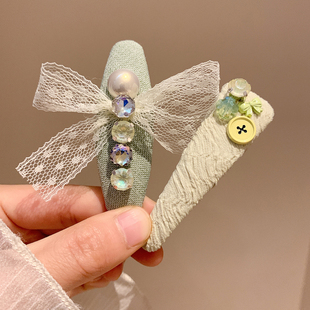绿色水钻珍珠蝴蝶结发夹边夹侧边女甜美精致头饰前额碎发刘海bb夹