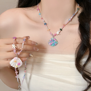 多巴胺珍珠贝壳串珠项链女海边度假风锁骨链可爱趣味颈链夏天配饰