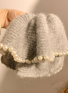 灰色珍珠毛线针织大肠发圈女高级感温柔法式头饰超大扎头发绳秋冬