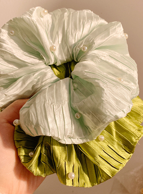 碧涧松烟~珍珠绿色缎面大肠发圈女韩系高级感发绳扎头发超大头饰