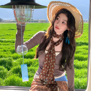 民族风咖色波点细长条系脖丝巾度假风小领巾小众围巾颈饰配饰轻薄