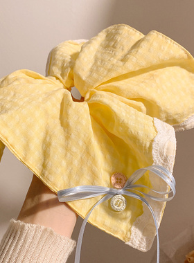 奶黄色~蕾丝格子蝴蝶结方巾大肠发圈女高级感超大号头绳2025新款