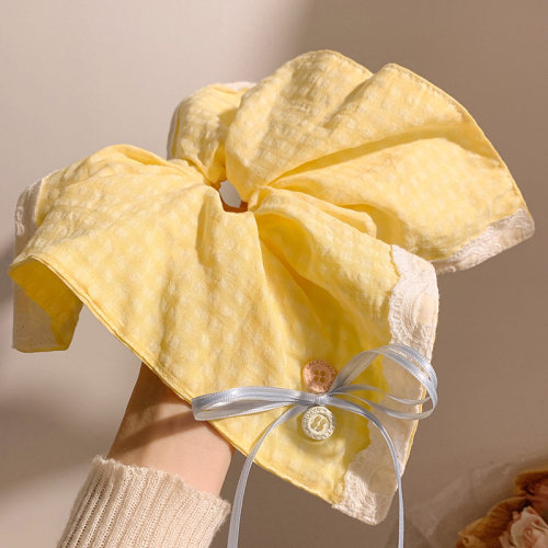奶黄色~蕾丝格子蝴蝶结方巾